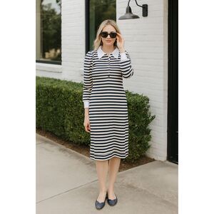 BURU Cream Blue Stripe Cotton Polo Midi Dress   Women's Size Medium